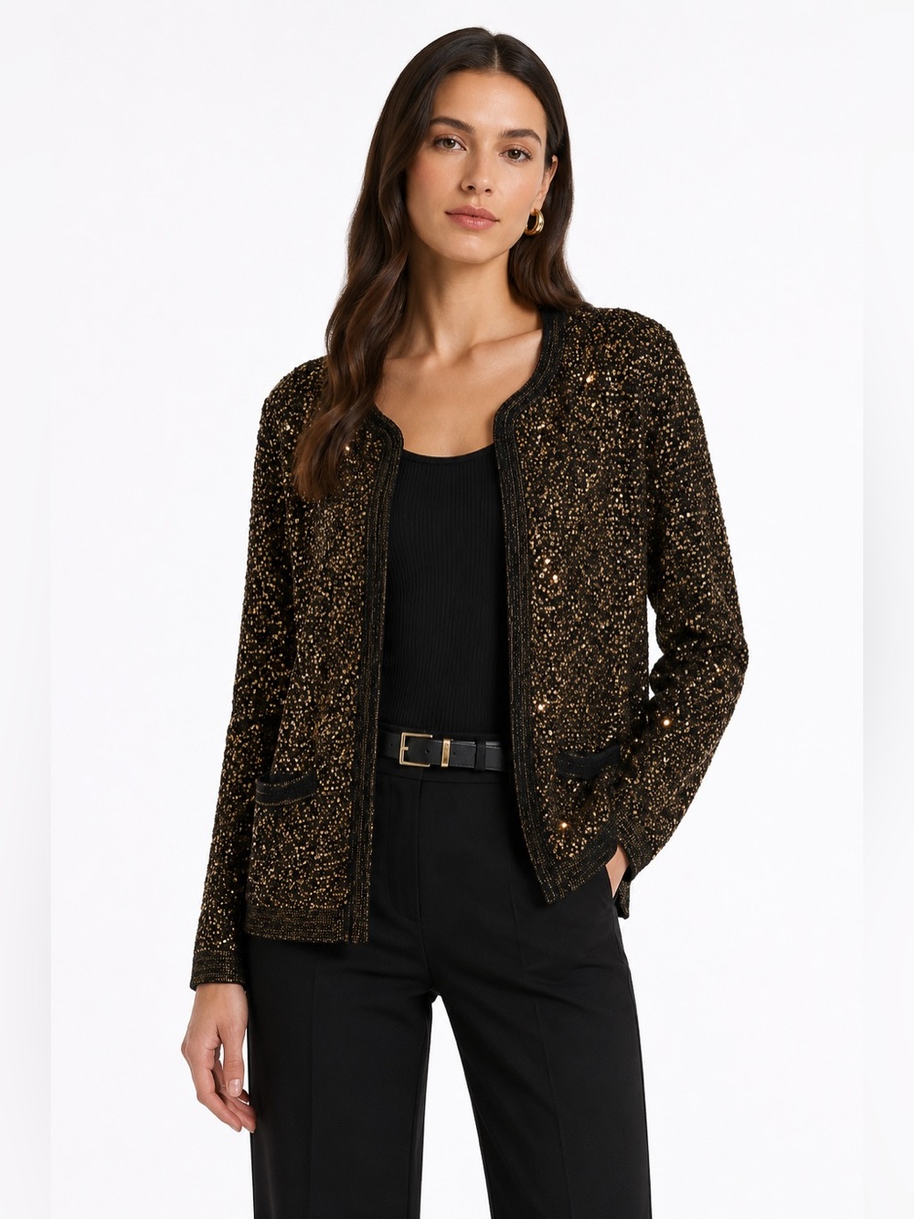 Kobi Halperin Penelope Sequined Cardigan XL Black Gold MetallicOpen FrontSweater